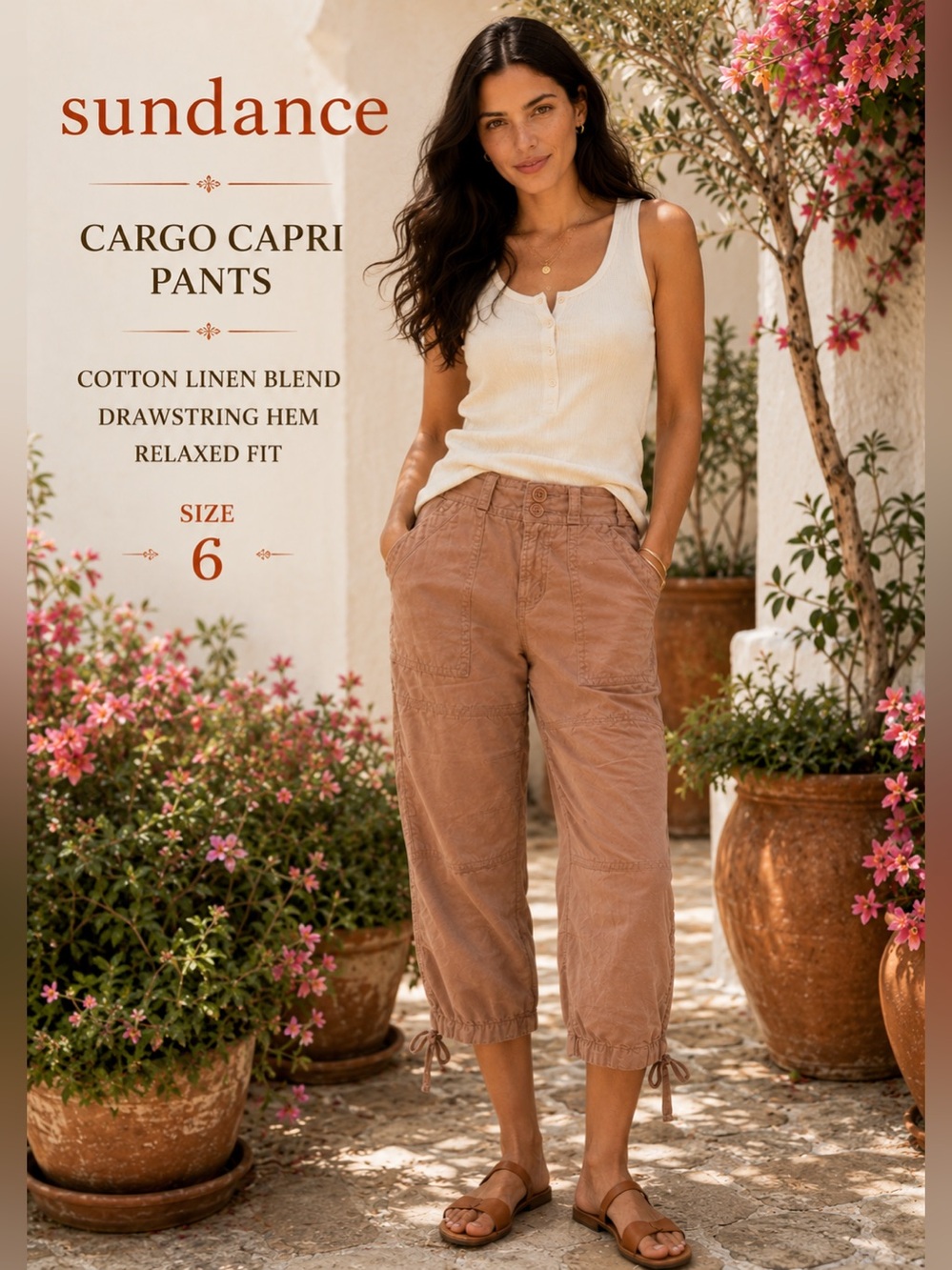 Sundance Cargo Capri Pants Size 6 Cotton Linen Blend Drawstring Hem